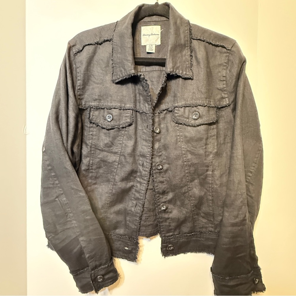 Tommy Bahama Two Palms Raw Edge Linen Women's black Denim Jacket Large Excellent